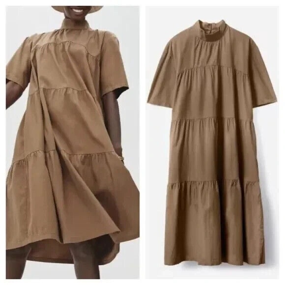 Everlane Dresses & Skirts - Everlane The Tiered Midi Dress Cotton Mock Neck Short Sleeve Tan Women Runs Big